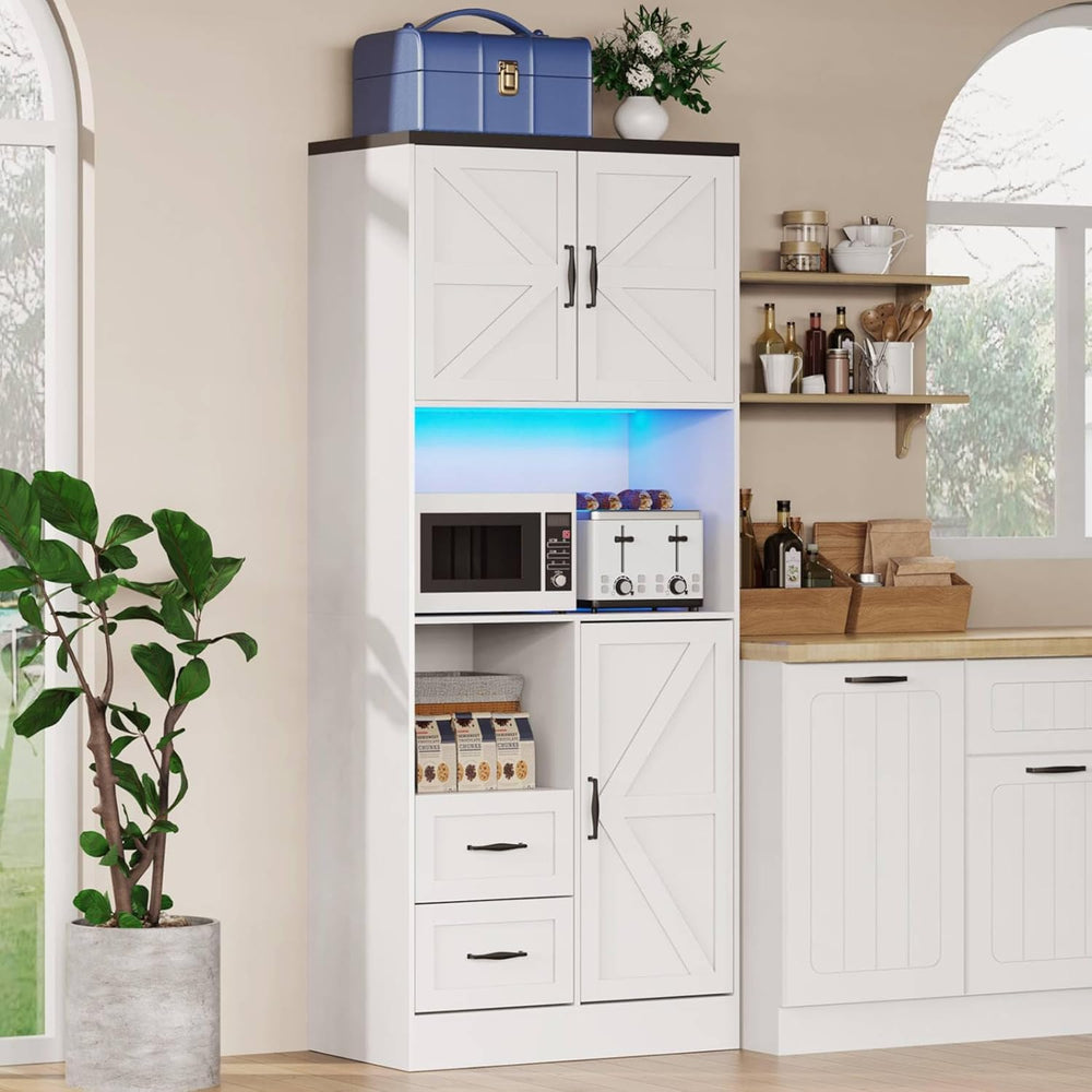 Bigbiglife Farmhouse Kitchen Pantry Cabinet with LED Lights and Power Strip, ...