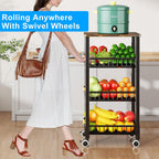 Fruit Vegetable Storage Basket for Kitchen, 4 Tier Large Pull-Out Metal Wire Baskets with 3 Pack Mats Bottom, Wood Top and Wheels, Vegetable Produce Bins Stand Cart Rack for Onions and Potatoes