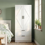 WOODTIME 70.9" Tall Armoire Wardrobe Closet with 2 Drawers, 2 Doors & Hanging Rod, 31.5" W Farmhouse Wooden Wardrobe Clothes Storage Cabinet for Bedroom Apartment, White