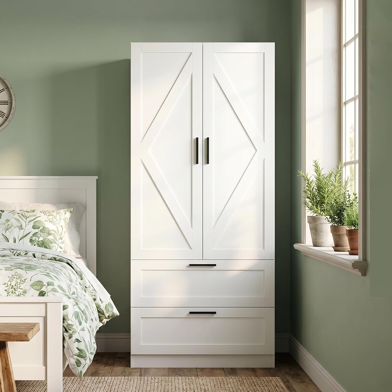 WOODTIME 70.9" Tall Armoire Wardrobe Closet with 2 Drawers, 2 Doors & Hanging Rod, 31.5" W Farmhouse Wooden Wardrobe Clothes Storage Cabinet for Bedroom Apartment, White
