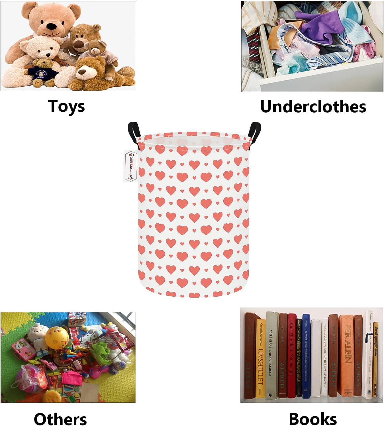 QUEENLALA Large Foldable Round Storage Basket Laundry Hamper, Pink Heart | 19.7"H x 15.15"D, waterproof & easy wipe. Folds flat to save space. Ideal for bedroom, bathroom, closet
