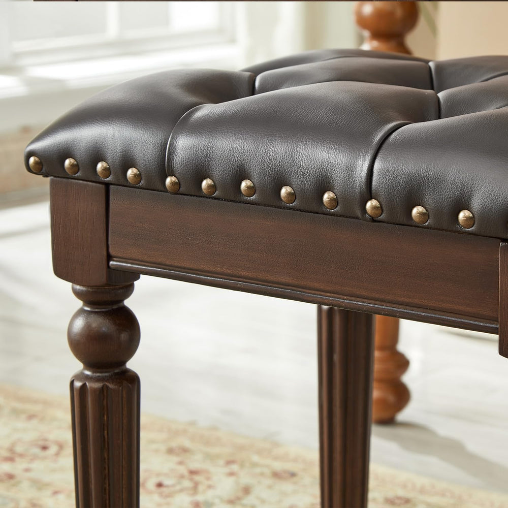 LOFFBOM Vanity Bench Seat, Solid Wood Vintage Vanity Stool (Dark Brown) | Sol...