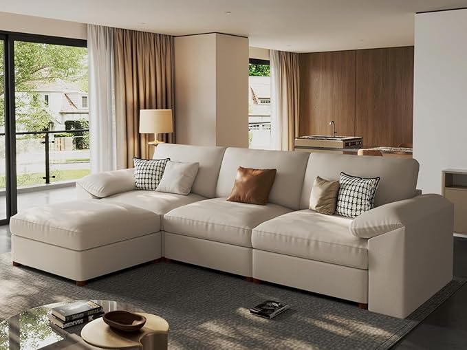 EASE MOOSE Leather Sectional Couch, Oversized Modular Sectional Sofas, Wide Deep Seat Modular Couch, Scratch Resistant Faux Leather Material, L Shaped Sofa for Big Spaces, Beige