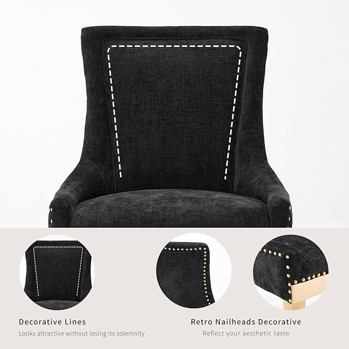 Dining Chairs Set of 2, Kitchen & Dining Room Chairs, Chenille Fabric Upholstered Dinning Chairs, Sillas De Comedor, Nailhead Trim, Metal Legs (Black, 2 Pcs)