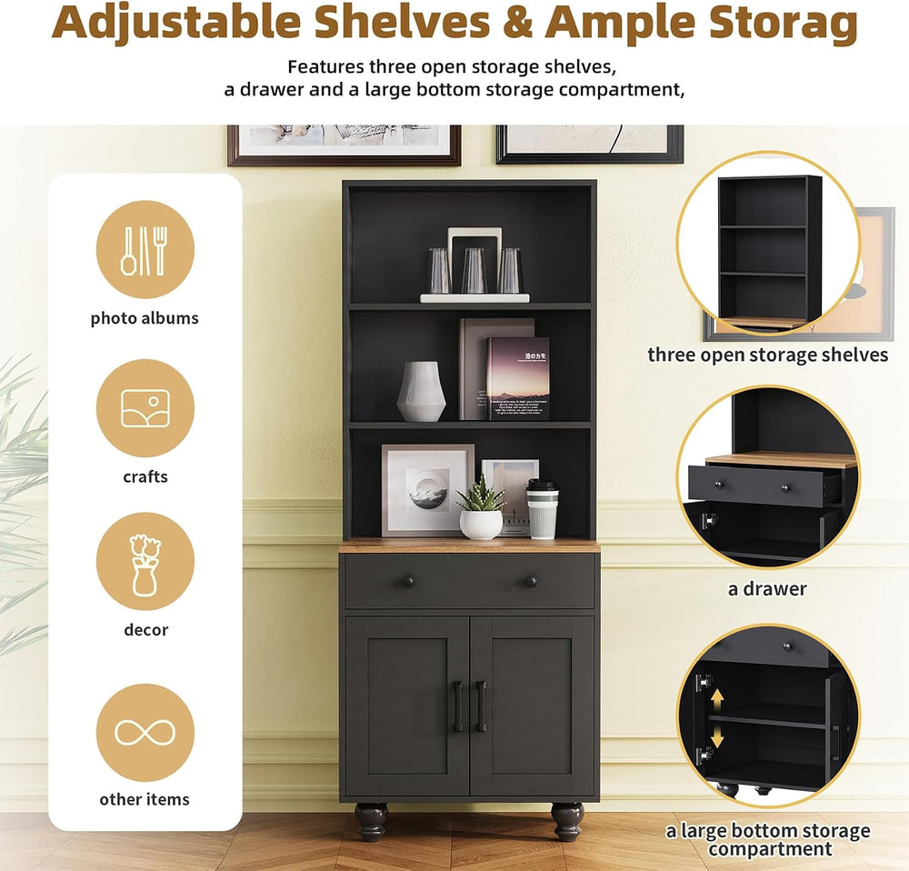 Black Kitchen Hutch Storage Cabinet, 23.6" W Small Kitchen Pantry Cabine...