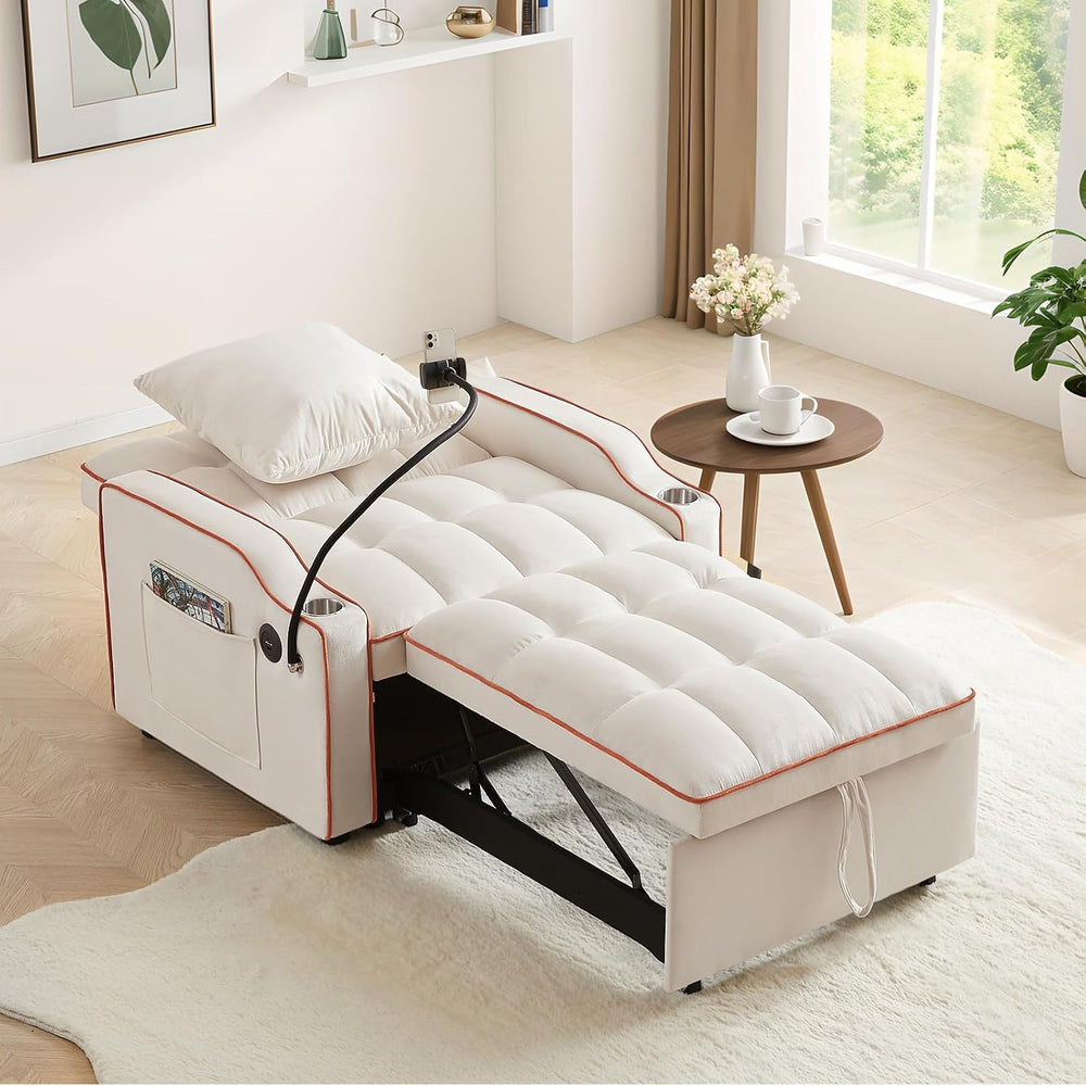 Convertible Single Sleeper Velvet Futon Sleeper Sofa Bed with Phone Holder &a...
