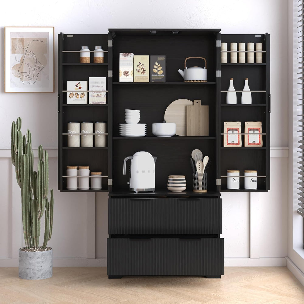 72" H Modern Kitchen Pantry Cabinet with 2 Large Drawers & 8-Door Sp...