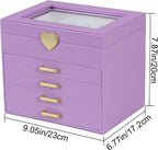 Kendal Jewelry Box, 5-Layer Jewelry Organizer Box with Glass Lid, Purple, Heart Shaped PU Leather, Storage Box for Necklace Earrings Rings Bracelets, Gift Idea for Girls LJC4DRPL