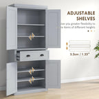 HOMCOM 72" Traditional Kitchen Pantry Cabinet, Freestanding Tall Storage Cabinet with 4 Doors, Drawer and 3 Adjustable Shelves for Dining Room, Gray