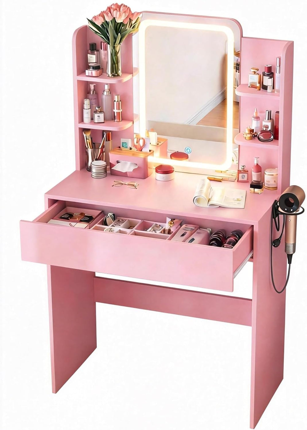 Small Vanity Desk with Mirror and lights,Pink Makeup Vanity for Girls Kid | C...