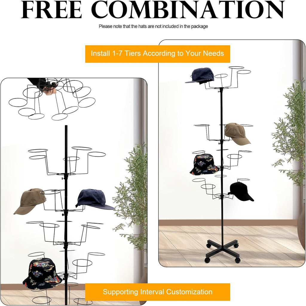 7-Tier Rotating Iron Hat Rack with Wheels & Brakes, Heavy Duty 35-Hat Organizer for Home/Store, Black Modern Free Standing Wig Display Stand, 11lbs Capacity (Black)