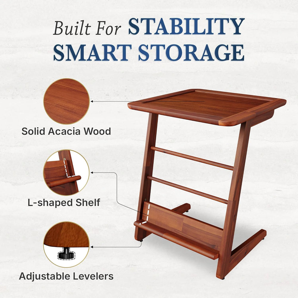 C-Shaped End Table for Couch, Acacia Wood Sofa Side Table & Nightstand wi...