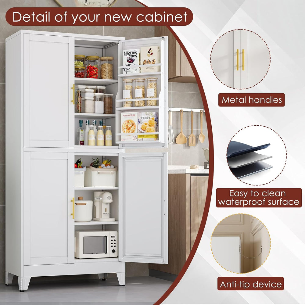 PAOFIN 75" H Metal Storage Cabinet, Pantry with 6 Door Shelves and 4 Adj...