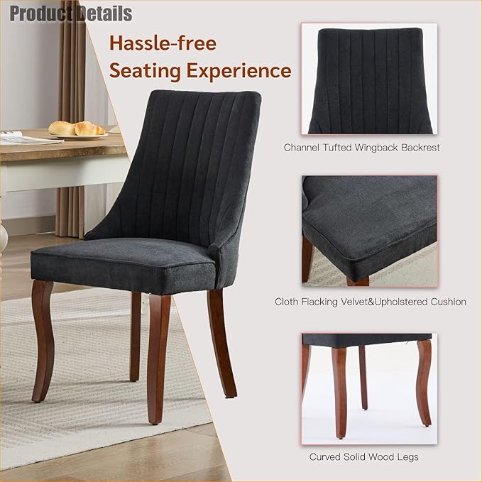 Dining Chairs Set of 6,Comfy Fabric Upholstered Accent Chairs for Kitchen Living Room,Channel Tufted Dining Room Chairs with Curved Solid Wood Legs(Black)