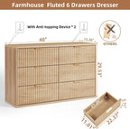 LEYAOYAO Fluted 6 Drawers Dresser, 48" Wide Modern Chest of Drawers with Wood Grain Top, Curved Profile Design, Dresser TV Stand, Wood Drawer Organizer for Bedroom, Living Room, Hallway,Natural