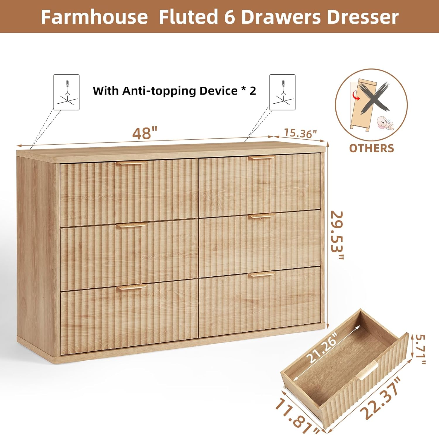 LEYAOYAO Fluted 6 Drawers Dresser, 48" Wide Modern Chest of Drawers with Wood Grain Top, Curved Profile Design, Dresser TV Stand, Wood Drawer Organizer for Bedroom, Living Room, Hallway,Natural