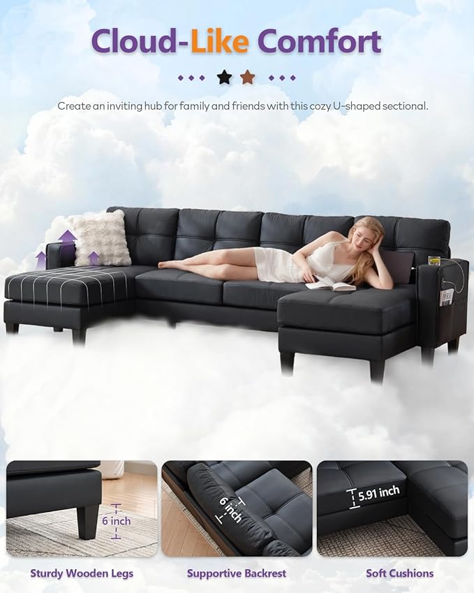 TYBOATLE 116’’ W Black Faux Leather Sectional Couch w/USB and Cup Holders for Living Room, Comfy Tufted U Shaped Sofa w/Chaise Lounge, Office Leather Sofa for Bedroom