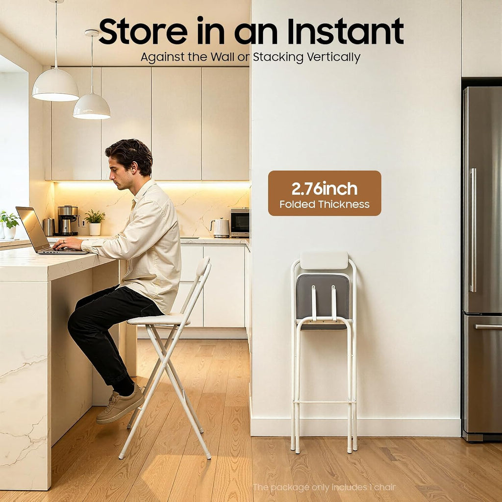 Folding Bar Stool with Backrest, 29.5 Inch Tall Foldable Stool Chair Portable High Folding Bar Chair Counter Height Seat, for Kitchen Island Shop Cafe Dining Room White