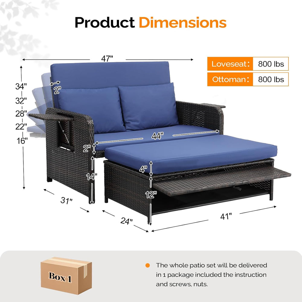 VINGLI Patio Daybed, Wicker Outdoor Daybed with Storage Ottoman & 5-Level...