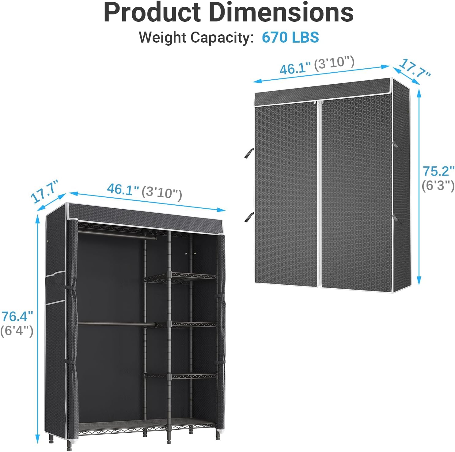 VIPEK V7C Garment Racks with Cover Portable Closets for Hanging Clothes, Heavy Duty Clothes Rack with Shelves Metal Closet Wardrobe, Max 670lbs, Black Rack with Black Upgraded Polyester Cover