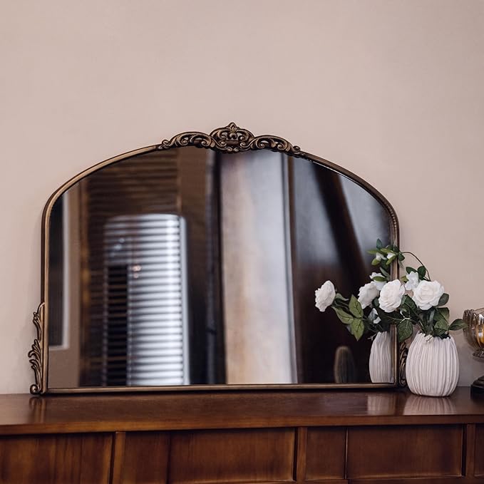 Distressed Antique Brass Wall Mirror Wide - 36x24 inch, Large Vintage Gold Fireplace Mantle Mirror, Baroque Ornate Decorative Bathroom Mirror for Over Sink