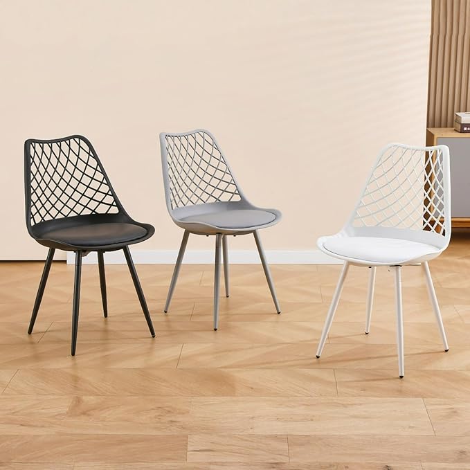 Set of 4 Modern Dining Chairs - Plastic Kitchen Shell Chairs with PU Leather Cushion Padded Seat - Mesh Design Side Chair for Indoor/Outdoor Dining Room Living Room Cafe Restaurant and Office -Black