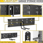 Ultrawall Garage Storage Organization, Versatile Storage Hooks Garden Tool Organizer Wall Mount, 48 Inch Yard Tool Organizer Hangers for Shovels, Rakes, Ladders, 15pcs Black