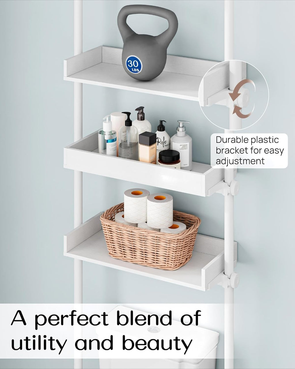 ALLZONE 4 Tier Over The Toilet Storage, Adjustable Wood Over Toilet Bathroom Organizer, Freestanding Shelves, Fit Most Showers Over The Toilet Shelf, 92 to 116 Inch Tall, White