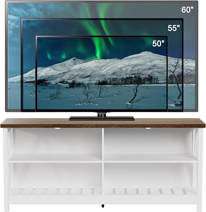 ChooChoo Farmhouse TV Stand for TVs up to 60 Inch, Modern Entertainment Center with 4 Open Shelves & Built-in Cable Holes, Media TV Console for Living Room, Bedroom, White