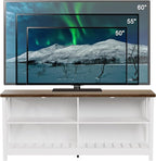 ChooChoo Farmhouse TV Stand for TVs up to 60 Inch, Modern Entertainment Center with 4 Open Shelves & Built-in Cable Holes, Media TV Console for Living Room, Bedroom, White