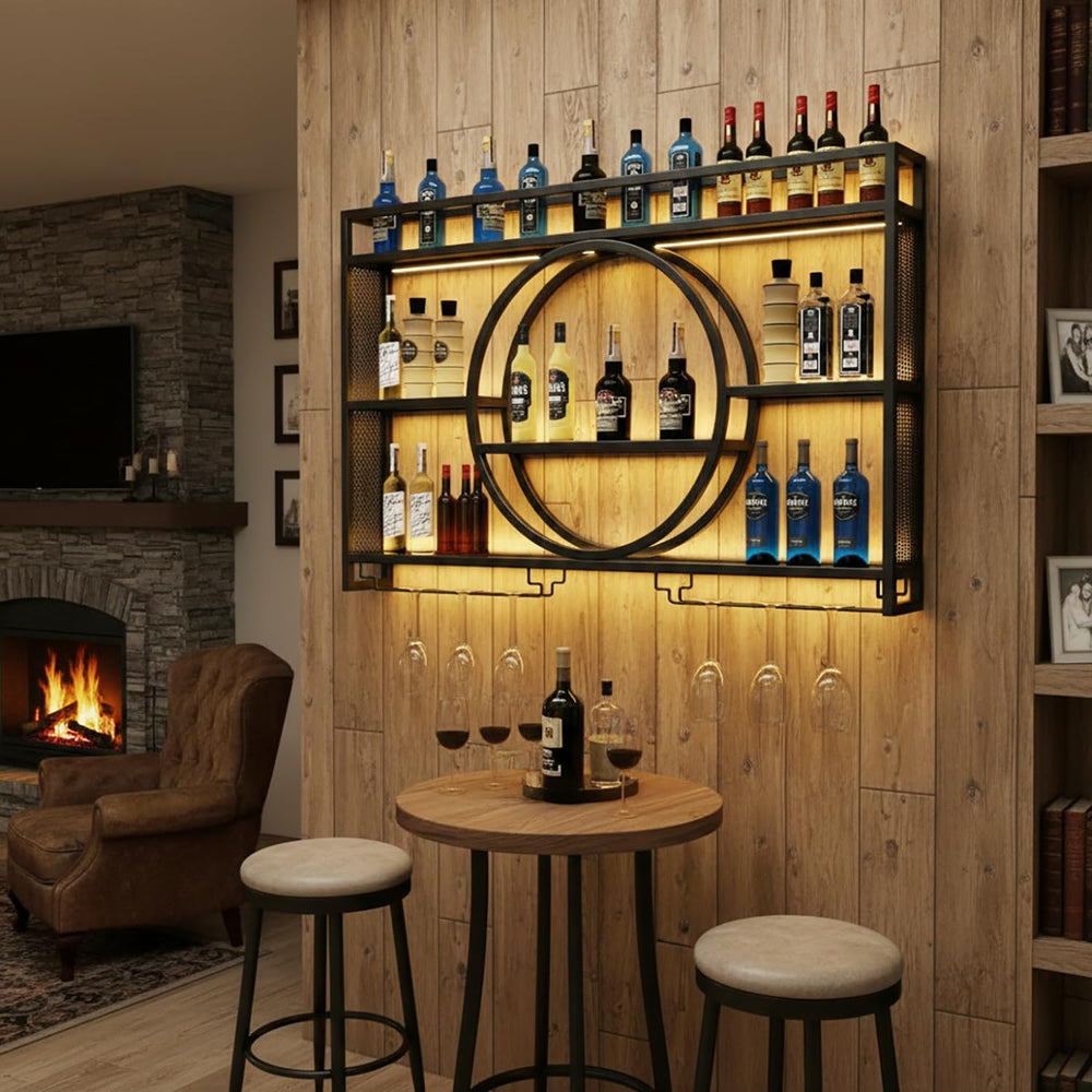 39 Inch Bar Shelves Wall Mounted Wine Rack with LED Light | 3 Tier Large Capa...