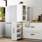 70.87" H Slim Display Storage Cabinet with 4 Tier Multi-Functional Pull-Out Shelves, Narrow Bookcase with 2 Glass Doors, Space Saving Storage Organizer for Kitchen Living Room Bathroom, White