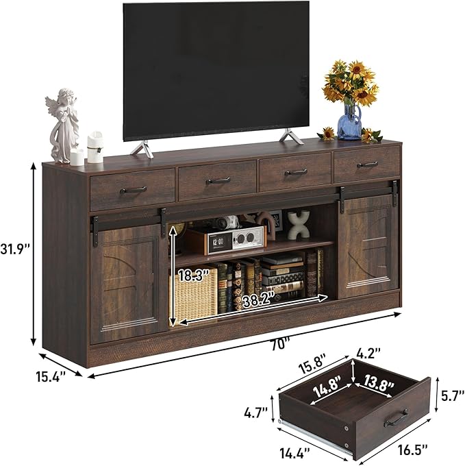 St.Mandyu 70" Large Farmhouse TV Stand for 85/80/75/70 Inch TVs w/4 Drawers,Rustic Tall Media Console w/Sliding Barn Door, Adjustable Shelves,Tall Entertainment Center for Living Room,Brown