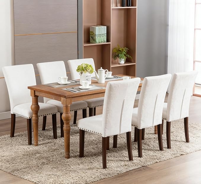 COLAMY Upholstered High Back Dining Chairs Set of 6 with Solid Rubber Wood Legs, Fabric Dining Room Chairs with Comfortable Padded Seat for Dining Room, Classic Gray Damask Pattern, Beige