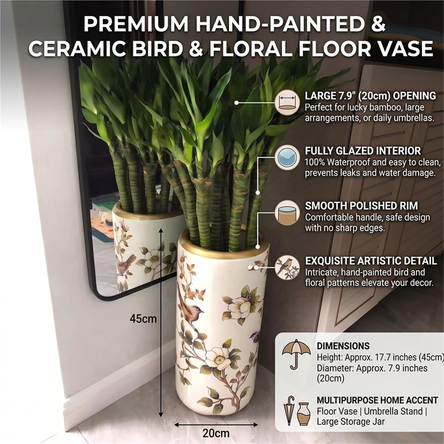 Hand Painted Ceramic Umbrella Stand Floor Vase, Large Tall Indoor Umbrella Holder For Entryway, Decorative Flower Vase For Bamboo Plants Home Decor(A)