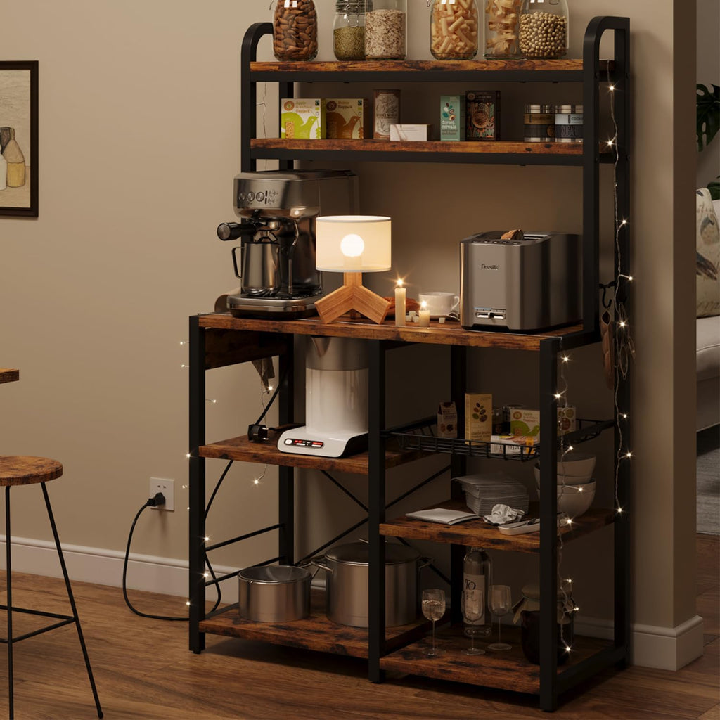 GAOMON Bakers Rack with Power Outlet, Kitchen Baker Rack with Wire Basket, Microwave Stand with Large Open Storage Shelves, 6-Tier Freestanding Utility Storage Shelf, Retro Brown