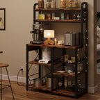 GAOMON Bakers Rack with Power Outlet, Kitchen Baker Rack with Wire Basket, Microwave Stand with Large Open Storage Shelves, 6-Tier Freestanding Utility Storage Shelf, Retro Brown