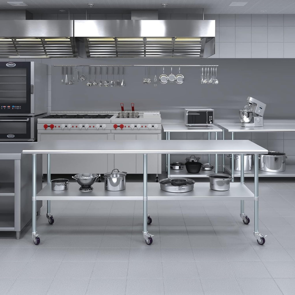 AmGood 30" x 96" Stainless Steel Work Table with Casters | Heavy Duty Metal Utility Table On Wheels | Kitchen Island Cart