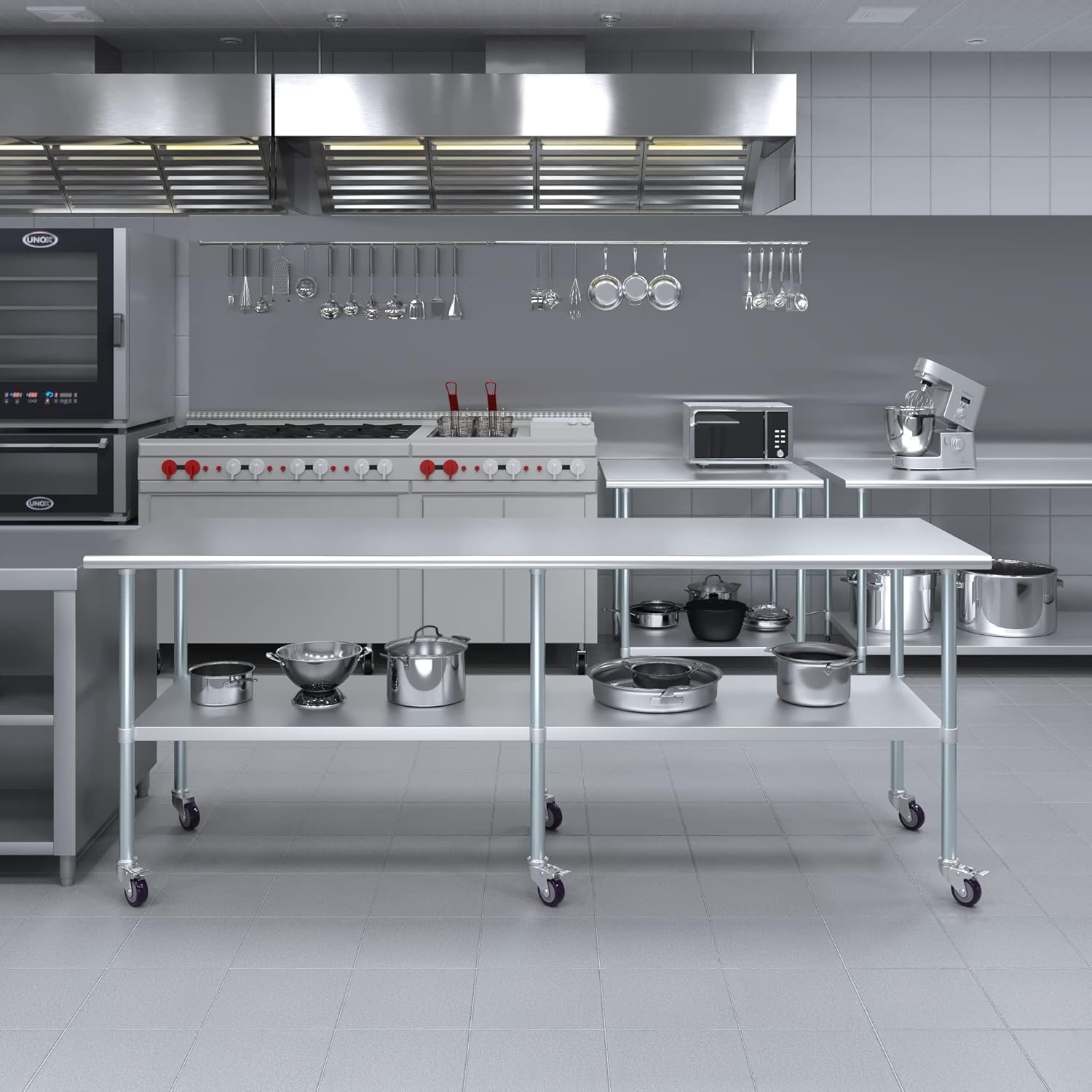 AmGood 96" Long x 30" Deep Stainless Steel Table with Casters