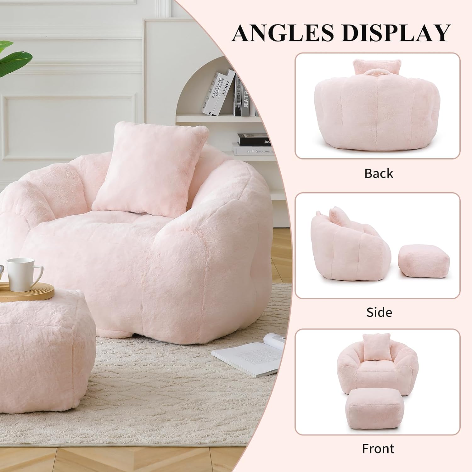 Bean Bag Chair for Adults, Faux Fur Upholstered Beanbag Chair with Shell-Shaped Design, Comfy Bean Bag Sofa with Pillow and Footstool, Floor Sofa Chair for Bedroom (Pink)