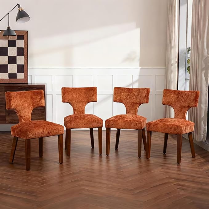 Soft Padded Dining Chairs Set of 4, Modern Farmhouse Upholstered Chairs with Linen Fabric & Rubber Wood Legs, Ergonomic Armless Seats for Dining Room Kitchen Living Room (Orange)