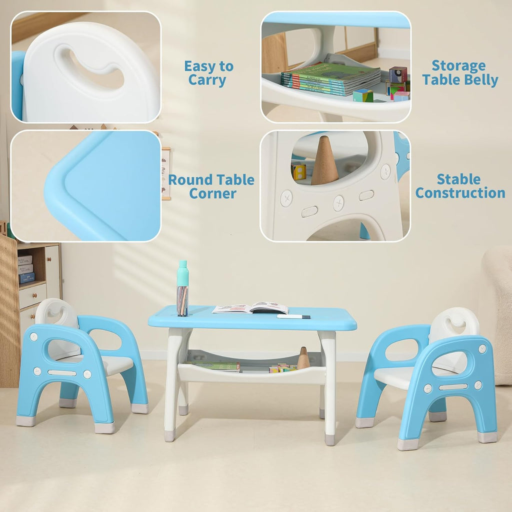 Hulaibit Kids Table and 2 Chairs Set, Toddlers Table and Chairs Set with Large Built-in Storage Shelf, Kids Activity Table for Reading, Drawing, Eating, Playing, with Anti-Slip Foot Covers, Blue