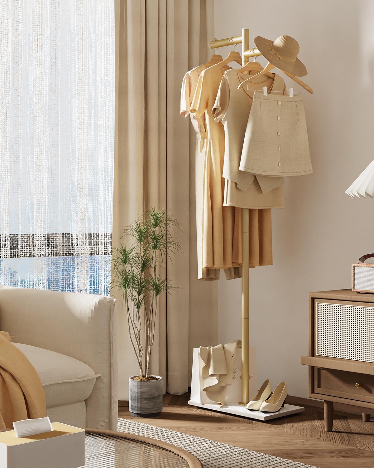 Free-standing Metal Coat Racks, Modern Garment Rack, Z-shaped Coat Tree with Natural Rock Base, for Bedroom, Office, Hallway, Entryway, Living Room, 175cm, Gold