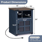 Farmhouse Nightstand with Charging Station, Rustic End Table with Tempered Glass Barn Door, Wood Sofa Side Bedside Table with Open Storage Shelf for Living Room, Bedroom, Blue, 2 Pack