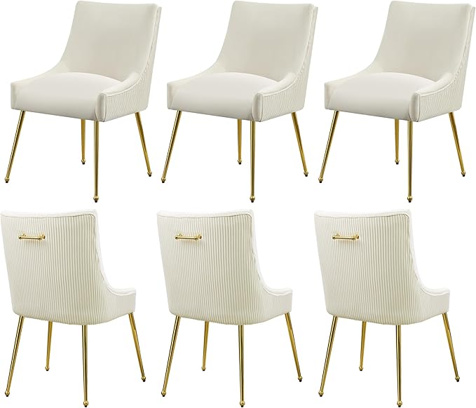 Velvet Dining Chairs Set of 6 Gold Legs,Upholstered Velvet Accent Chairs, Pleated Back Design & Gold Pull Handle, Mid Century Modern Chairs for Dining/Kitchen/Living Room,Beige