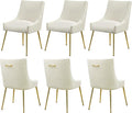 Velvet Dining Chairs Set of 6 Gold Legs,Upholstered Velvet Accent Chairs, Pleated Back Design & Gold Pull Handle, Mid Century Modern Chairs for Dining/Kitchen/Living Room,Beige