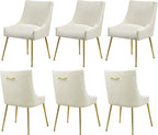 Velvet Dining Chairs Set of 6 Gold Legs,Upholstered Velvet Accent Chairs, Pleated Back Design & Gold Pull Handle, Mid Century Modern Chairs for Dining/Kitchen/Living Room,Beige
