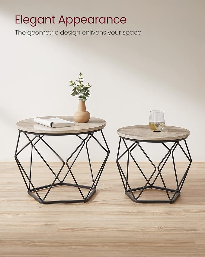 VASAGLE Small Coffee Table Set of 2, Round Coffee Table with Steel Frame, Sid...
