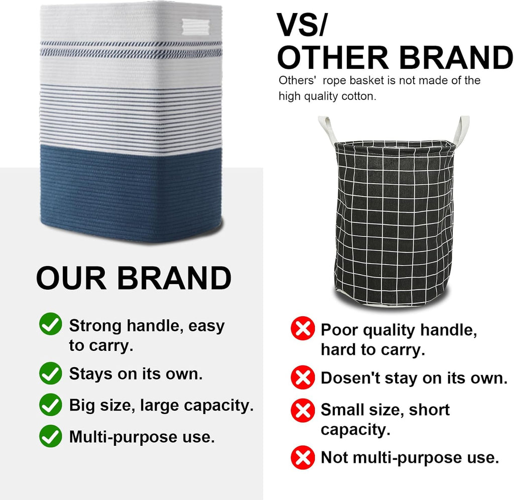 Laundry Hamper, Large Woven Rope Tall Laundry Basket with Handles, 22" X 17" X 13", Decorative Storage Basket for Clothes and Blankets in Living room, Bedroom, Dark Blue& White