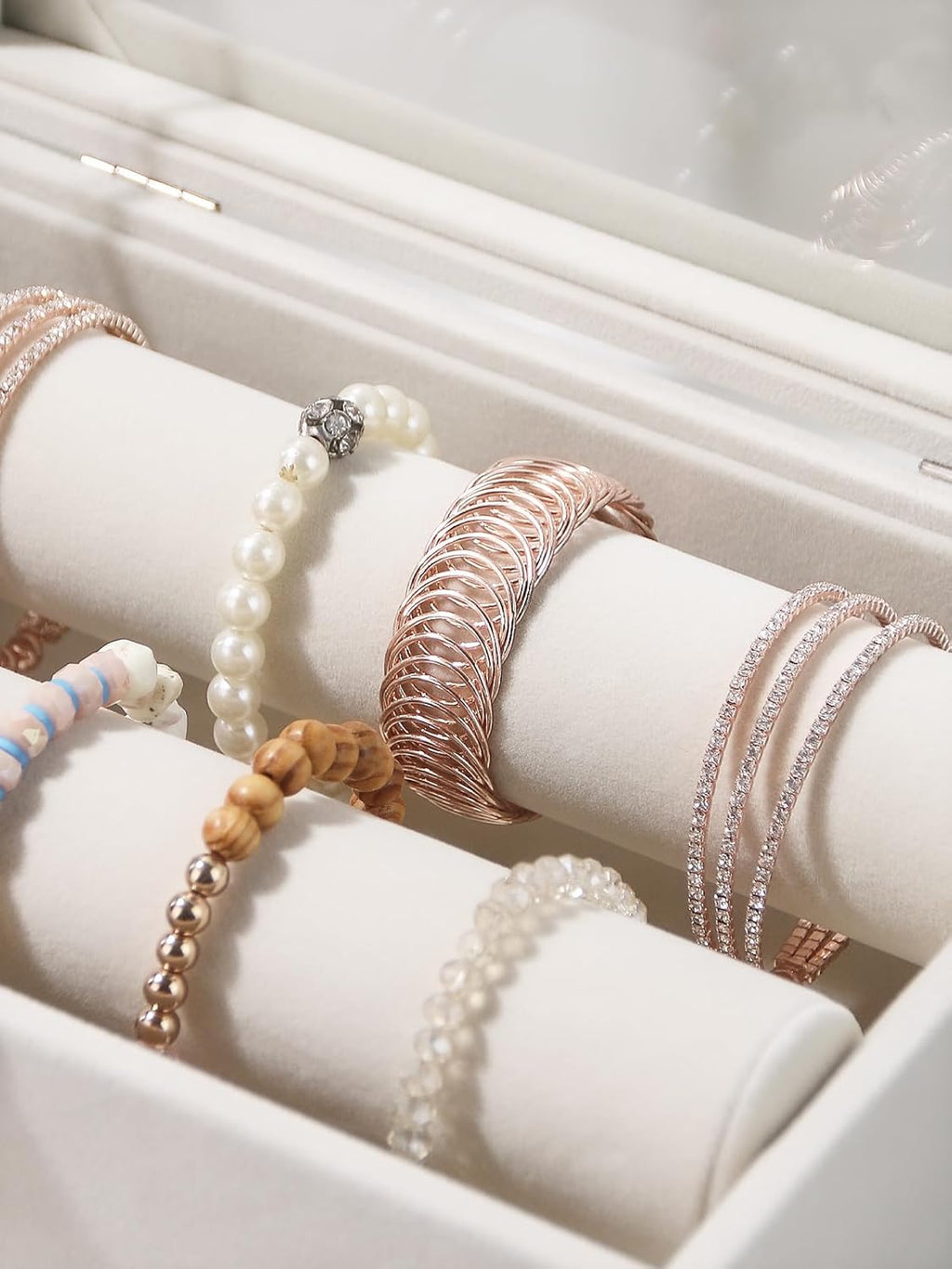 Bracelet Holder Organizer Box, Jewelry Storage Case with 2 Rods, Bangle Watch Display Tray for Women Girls (Beige)